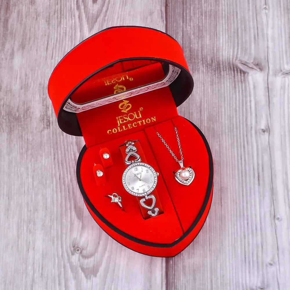 Bijoux femme coffret – Montre quartz + bracelet, collier, bague, boucles d’oreilles, or et argent