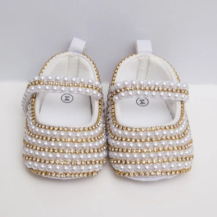 Chaussures bébé blanches à perles et strass, fait main, baptême 0-3m