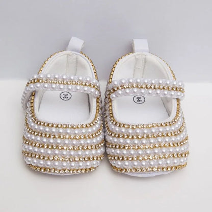 Chaussures bébé blanches à perles et strass, fait main, baptême 0-3m