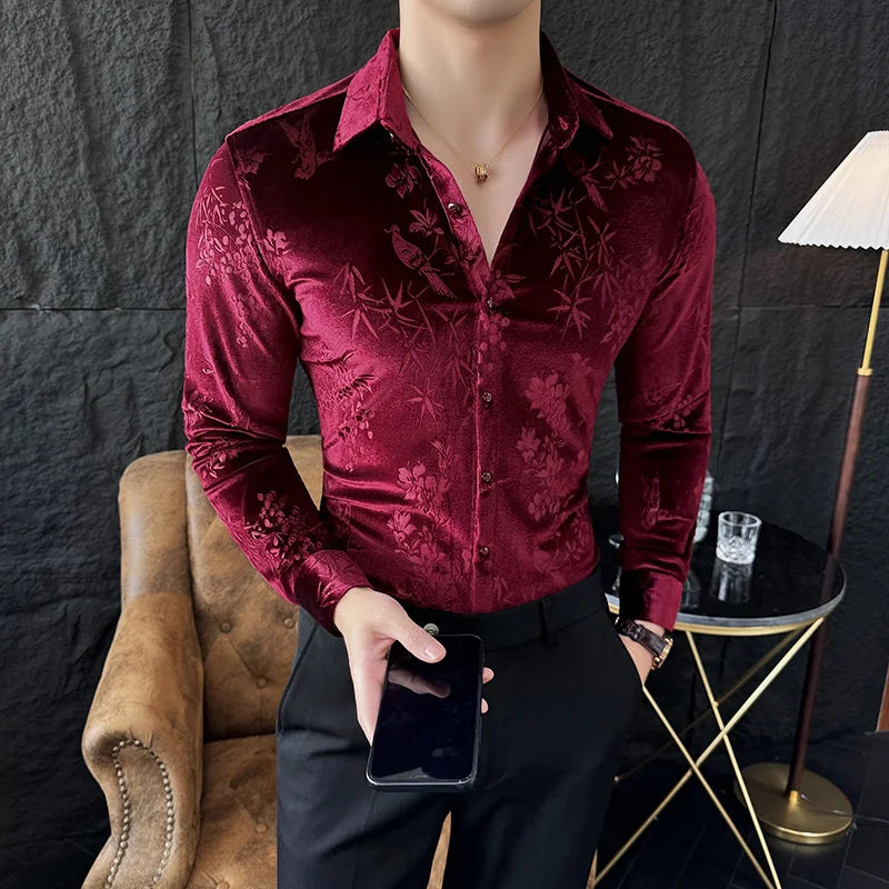 Chemise homme luxe en velours, slim, décontractée pour mariage, anniversaire .