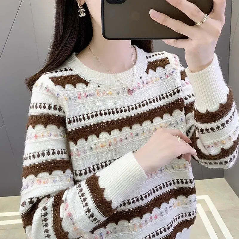 Pull femme col rond en peluche, style rayé automne-hiver