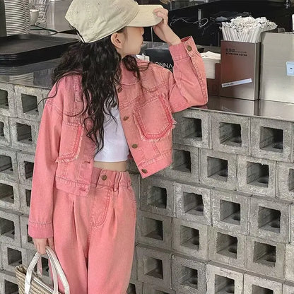 Ensemble de tenues 2 pièces pour filles, veste en jean à la mode, vêtements d'école pour mère et fille, tenues pour adolescents de 12 à 13 ans.