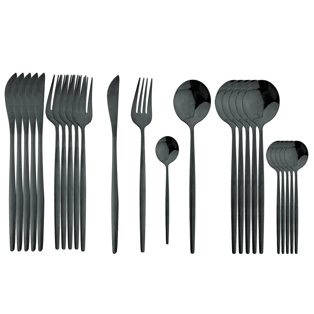 Ensemble de couverts 24 pièces en acier inoxydable, manches noir et doré, couteaux, fourchettes, cuillères, vaisselle cadeau cuisine