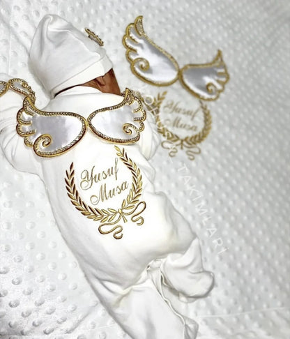 Barboteuse Bébé Jetable avec Nom, Ailes d'Ange, Sortie de Maternité .