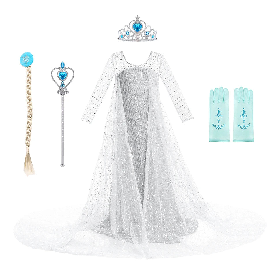 Robe princesse fille – Paillettes, Elsa cosplay, robe blanche, Noël, carnaval