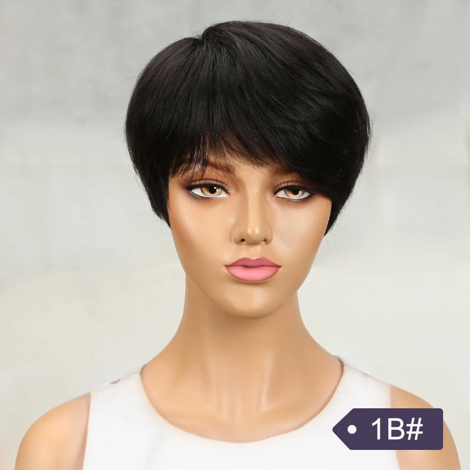 Perruque femme cheveux humains –, courte, raide, frange, Remy, style élégant