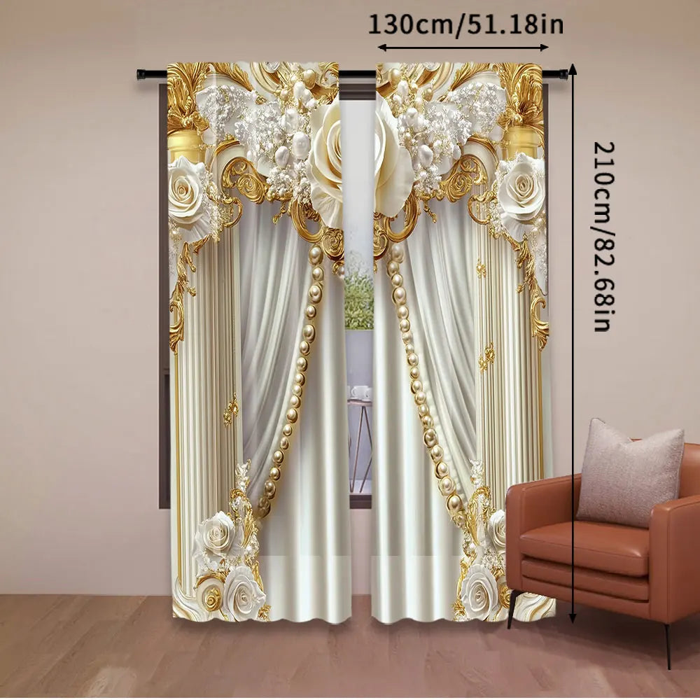 Rideaux chic doré et blanc – 2 pièces, fleurs élégantes, salon, chambre, cuisine et salle de bain
