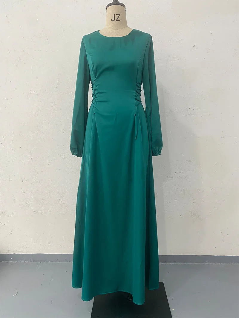 Abaya chic femme – Robe slim à lacets et col rond, style musulman, soirée