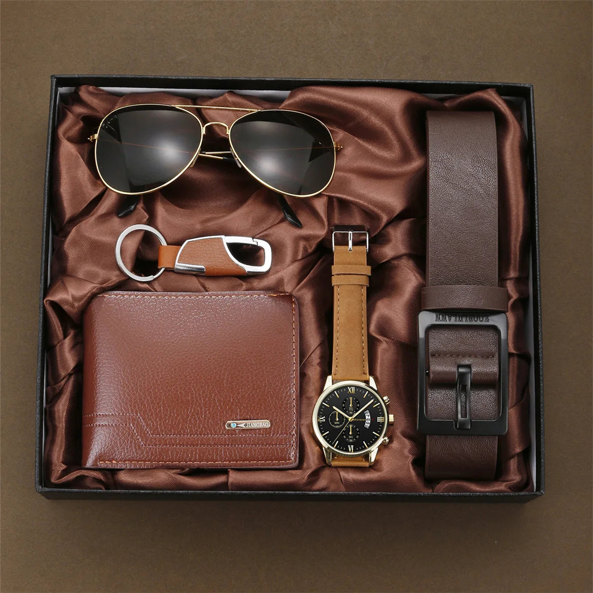 Coffret homme élégant – Montre, accessoires : portefeuille, ceinture, lunettes, porte-clés, tondeuse, cadeau luxe
