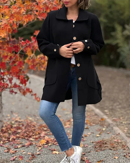 Veste Femme Automne-Hiver – Pardessus Décontracté à Revers, Couleur Unie avec Poches Chic