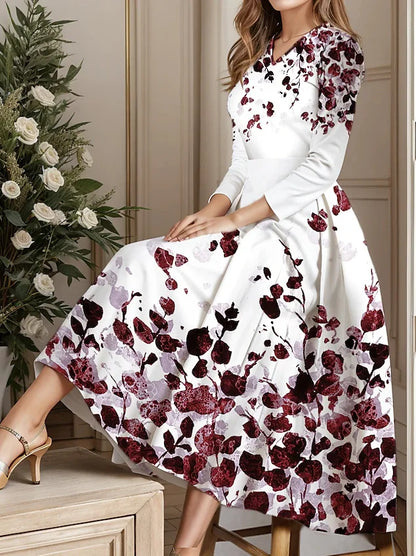 Robe élégante femme vintage, longue à fleurs, manches longues, col en V, automne-hiver .