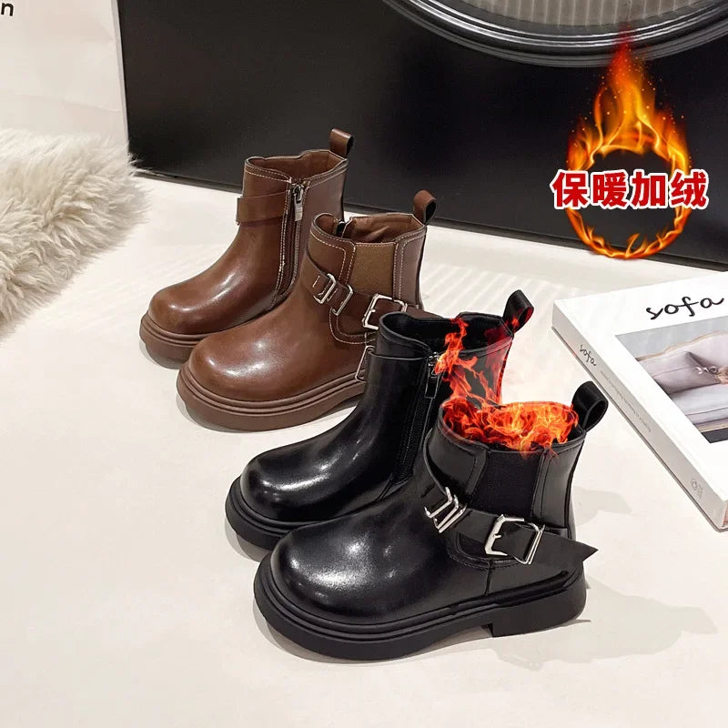 Bottes Courtes Fille – Bottines Basses en Cuir et Coton, Style Britannique Tendance, Chaudes et Confortables Automne Hiver