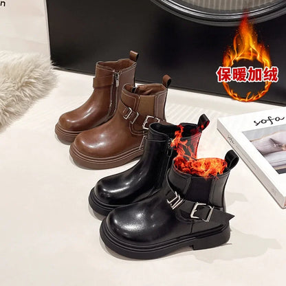 Bottes Courtes Fille – Bottines Basses en Cuir et Coton, Style Britannique Tendance, Chaudes et Confortables Automne Hiver