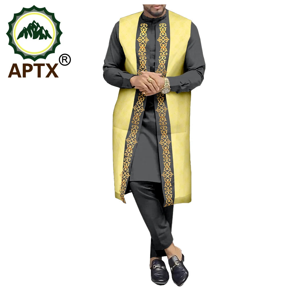 APTX Ensemble africain homme 3 pièces – Chemise et pantalon jacquard, tenue traditionnelle mariage et fête