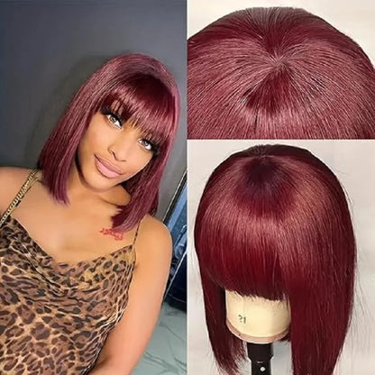 Perruque Bob droite 99J cheveux humains brésiliens – Coupe émoussée sans colle, dentelle frontale, qualité machine, style naturel luxe
