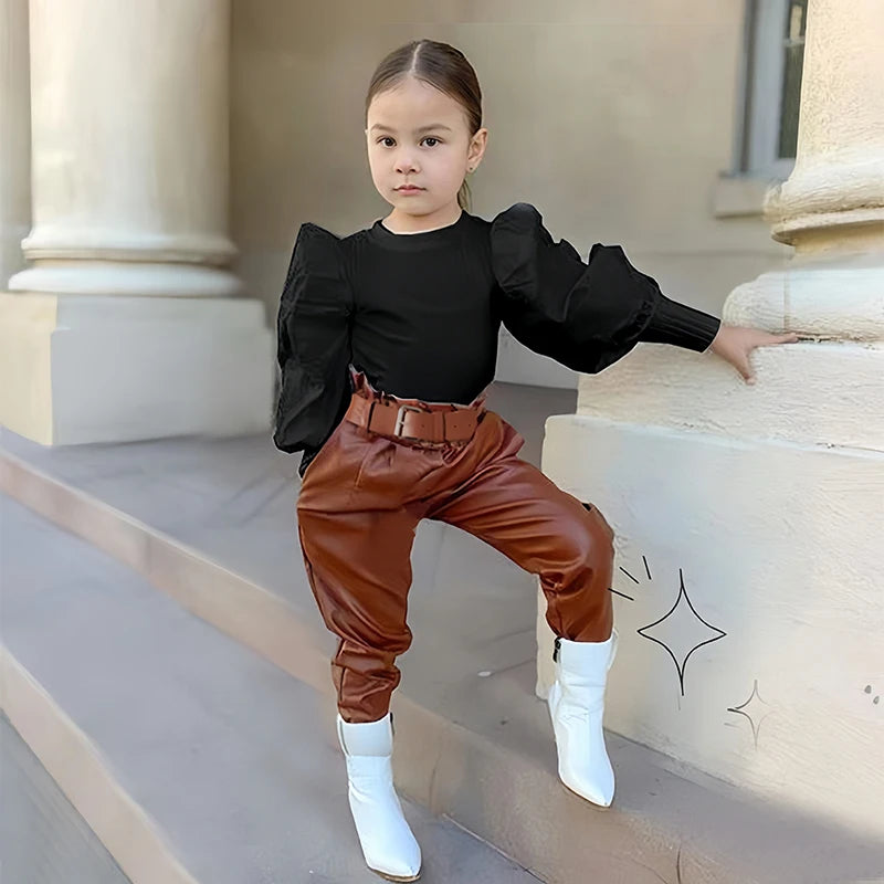 Ensemble fille 2 pièces – chemisier côtelé & pantalon cuir PU avec ceinture (1‑6 ans)