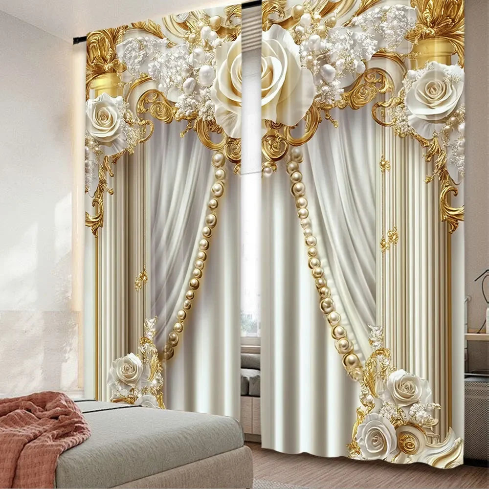 Rideaux chic doré et blanc – 2 pièces, fleurs élégantes, salon, chambre, cuisine et salle de bain