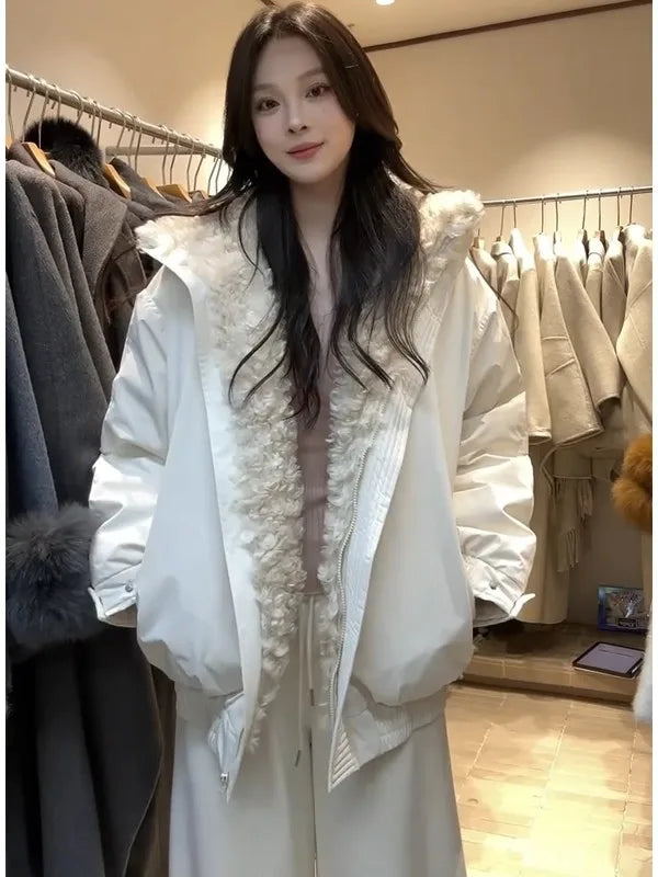 Veste Femme Hiver – Blanc Vintage Col Fourrure Chic