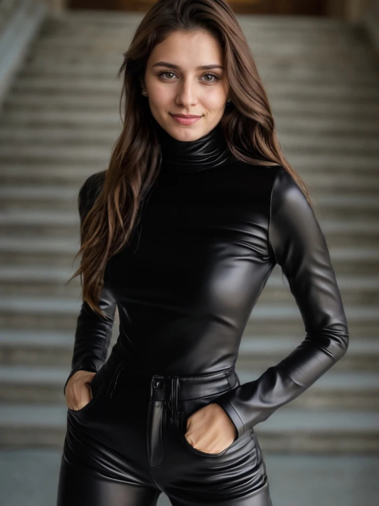 Chemisier femme cuir PU﻿– manches longues, col roulé, cintré, mode streetwear