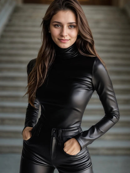 Chemisier femme cuir PU﻿– manches longues, col roulé, cintré, mode streetwear