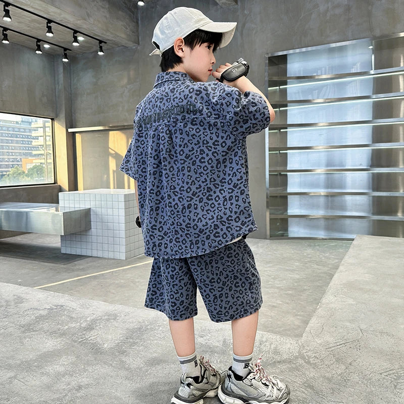 Ensemble été garçon 5‑14 ans – léopard, chemise + short denim