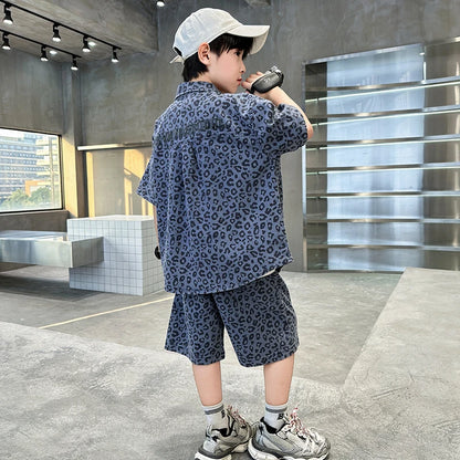Ensemble été garçon 5‑14 ans – léopard, chemise + short denim