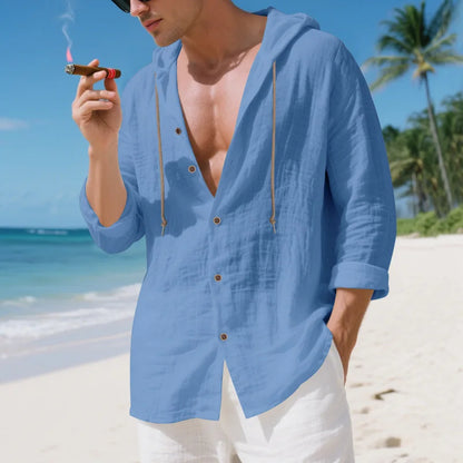 Chemise Homme Lin Ample – Manches Longues, Cardigan Capuche décontractée, Tendance Plage, Automne