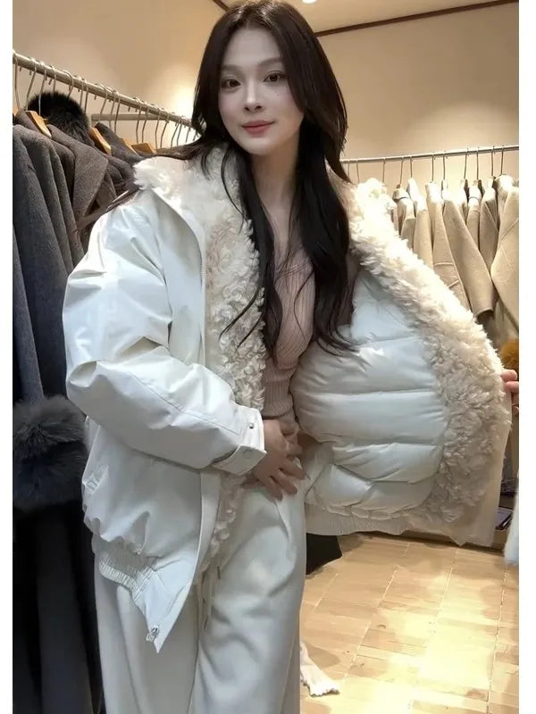 Veste Femme Hiver – Blanc Vintage Col Fourrure Chic