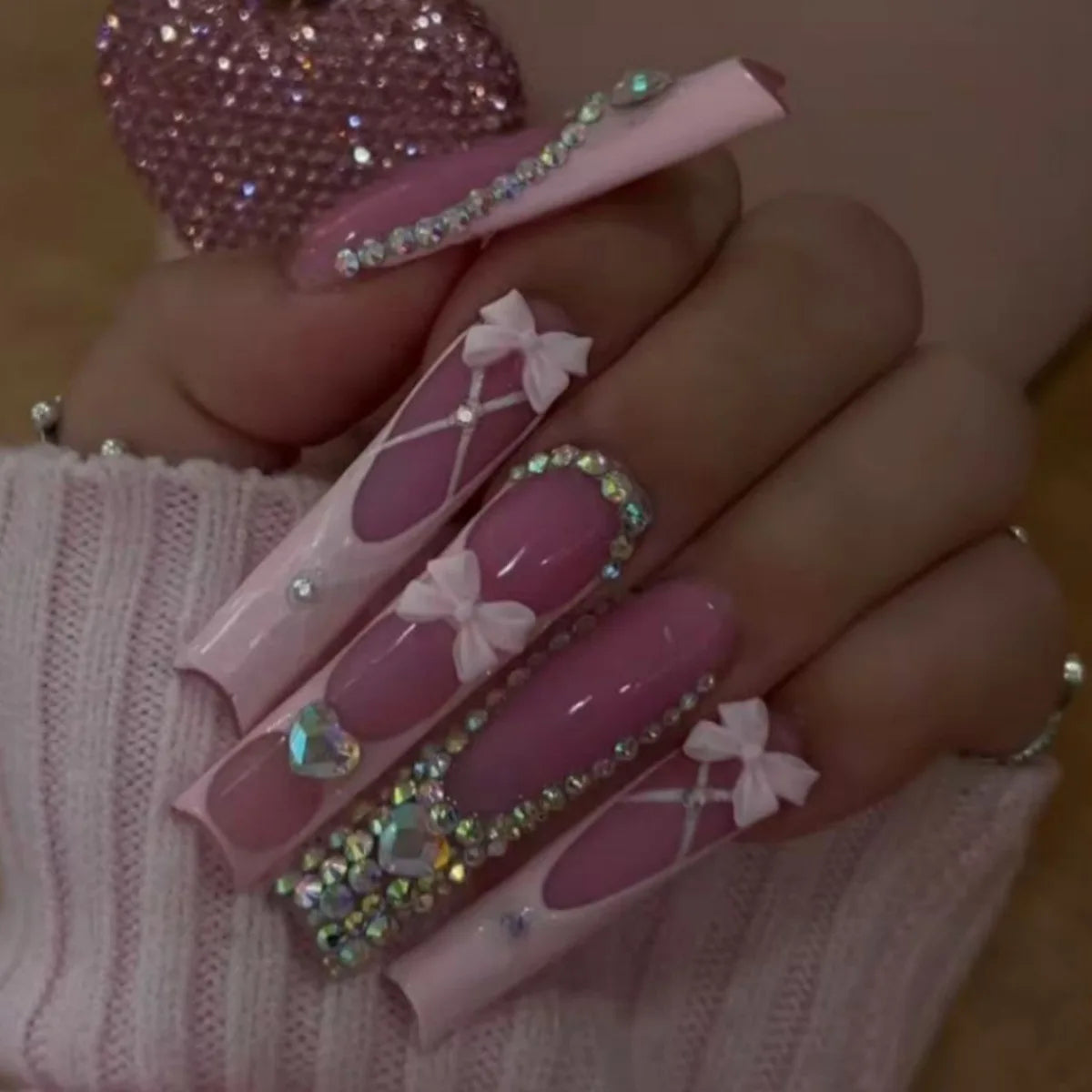 24 pcs faux ongles longs carrés blanc français cerise strass