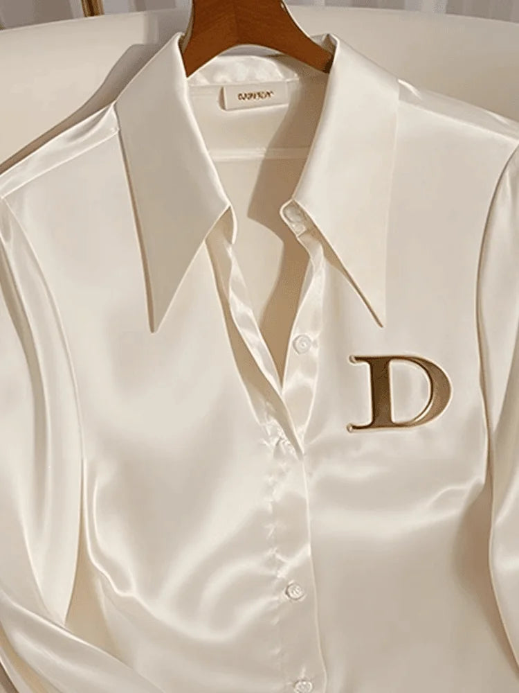 Chemise française élégante en Satin blanc pour femmes, col rabattu, chemisier à manches longues, Simple, bureau .