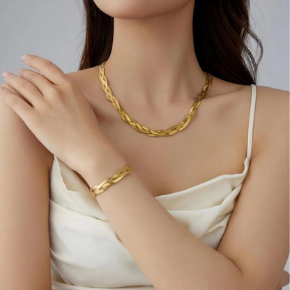 Ensemble Femme Acier – Collier Serpent Plat & Bracelet Tricolore, Style Moderne Élégant