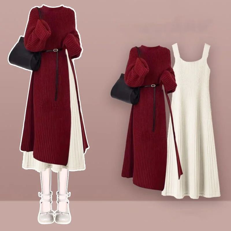 Ensemble femme 2 pièces robe à bretelles et pull fendu