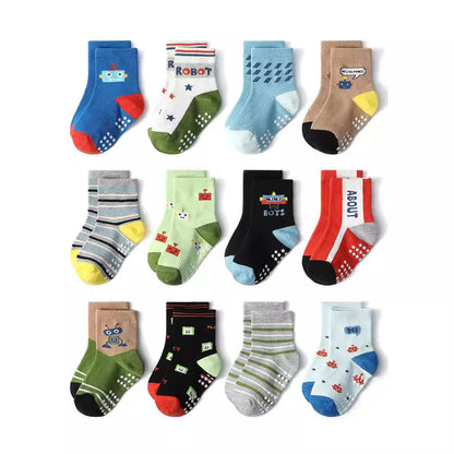 Chaussettes coton enfant/bébé – antidérapantes, respirantes, dessins animés (lot 1‑12 paires)