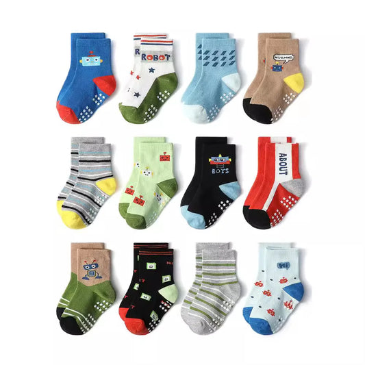 Chaussettes coton enfant/bébé – antidérapantes, respirantes, dessins animés (lot 1‑12 paires)