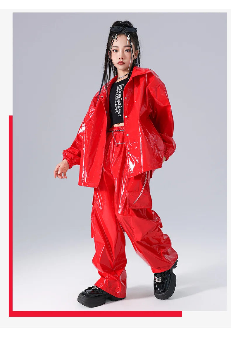 Costume Danse Jazz Garçon Filles, Pantalon Cuir Brillant Rouge, Streetwear Hip Hop Scène .