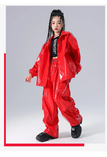 Costume Danse Jazz Garçon Filles, Pantalon Cuir Brillant Rouge, Streetwear Hip Hop Scène .
