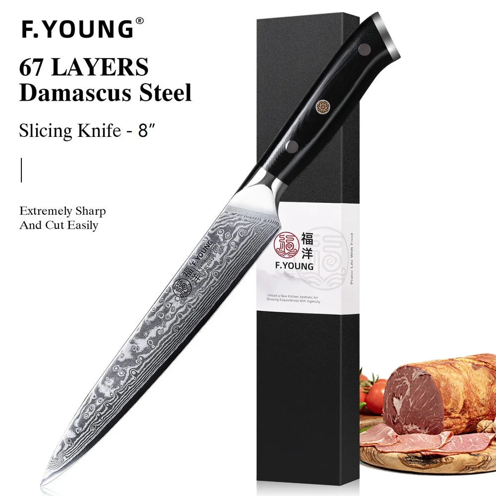 Couteau de cuisine professionnel F.YOUNG – acier Damas, chef japonais & sashimi