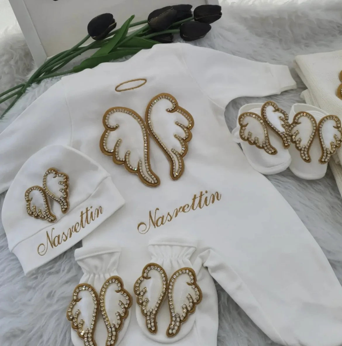 Barboteuse Bébé Jetable avec Nom, Ailes d'Ange, Sortie de Maternité .