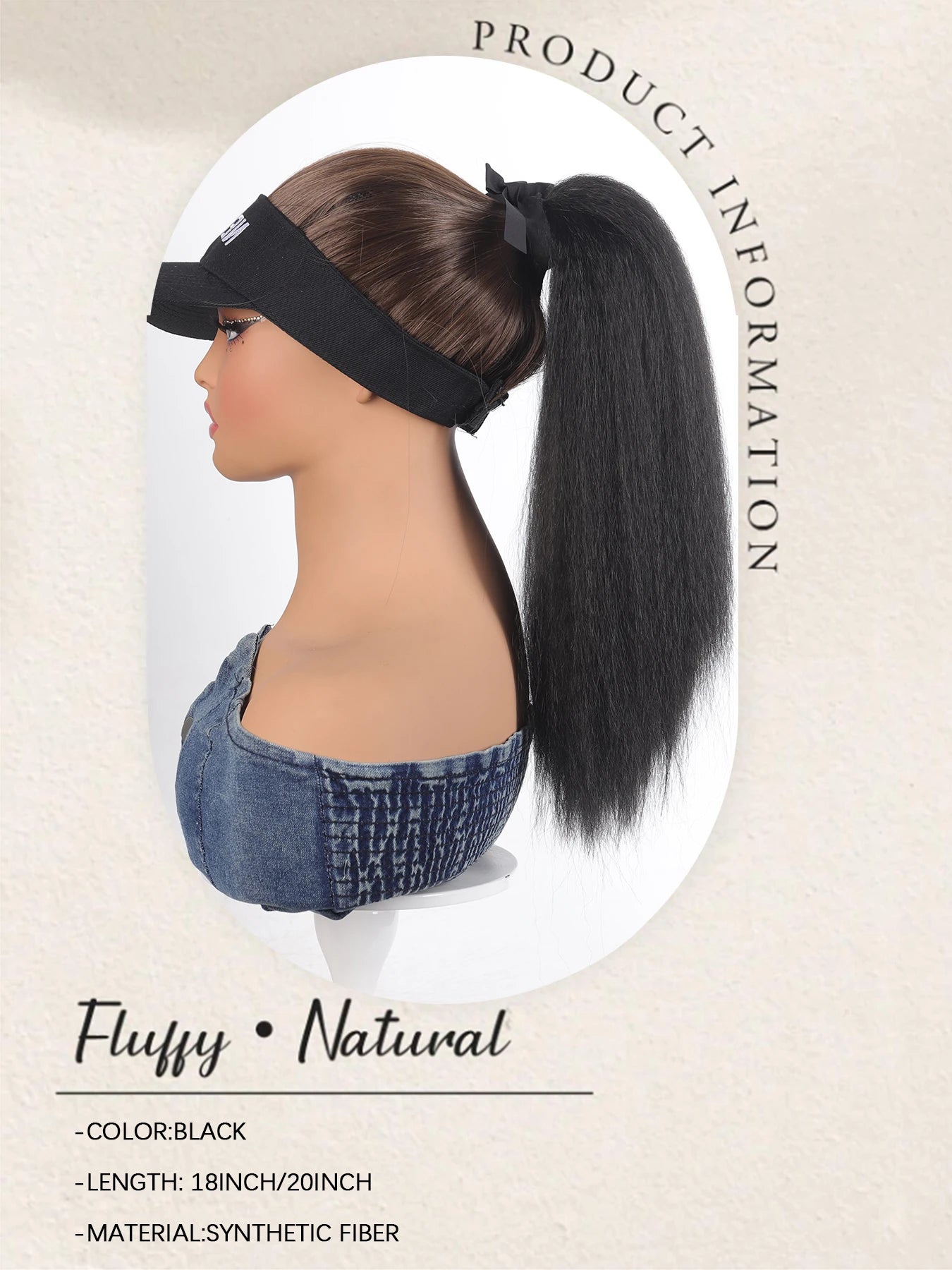 Synthetic Yaki Curly Ponytail, 18", Natural Black.