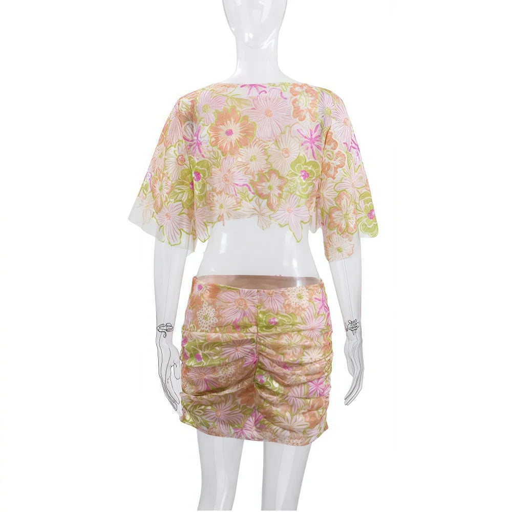 FLARORA Ensemble Femme Luxe 2 Pièces, Broderie & Paillettes, Haut Court & Jupe,