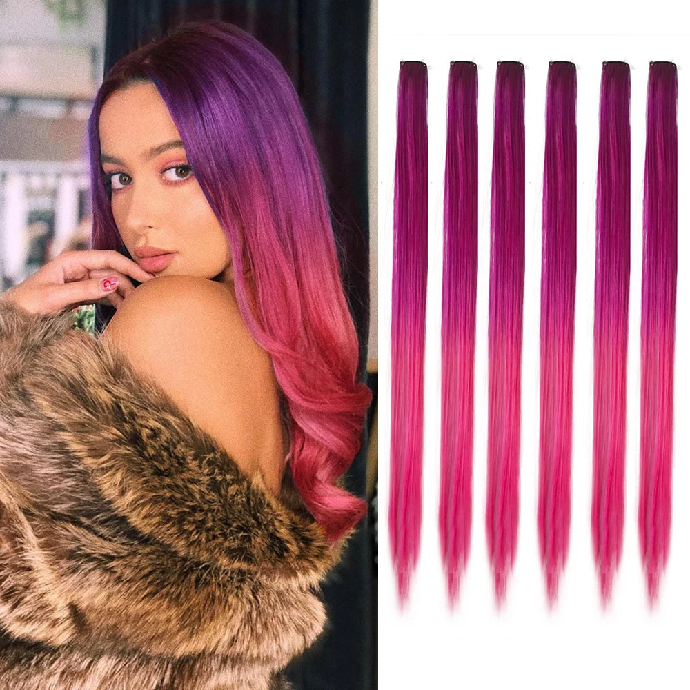 Extensions capillaires synthétiques à reflets colorés pour filles, postiches lisses multicolores de 22 pouces, 6 pièces/paquet