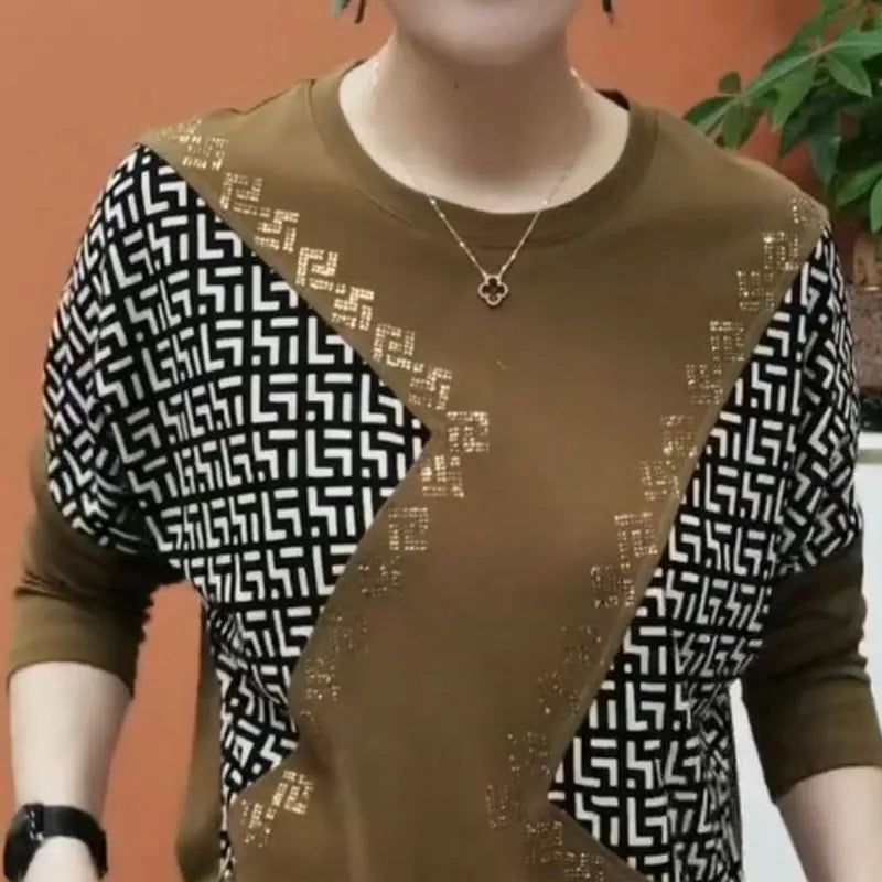 Mn-Pull Femme Léopard Géométrique – T-shirt Col Rond Diamants, Chic décontracté, Printemps Automne, Mode Épissée, Trajet Quotidien