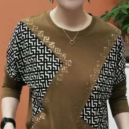 Mn-Pull Femme Léopard Géométrique – T-shirt Col Rond Diamants, Chic décontracté, Printemps Automne, Mode Épissée, Trajet Quotidien