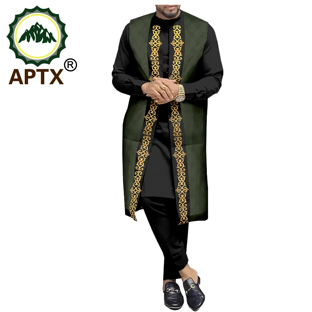 APTX Ensemble africain homme 3 pièces – Chemise et pantalon jacquard, tenue traditionnelle mariage et fête