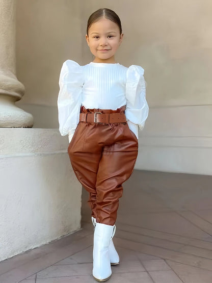 Ensemble fille 2 pièces – chemisier côtelé & pantalon cuir PU avec ceinture (1‑6 ans)