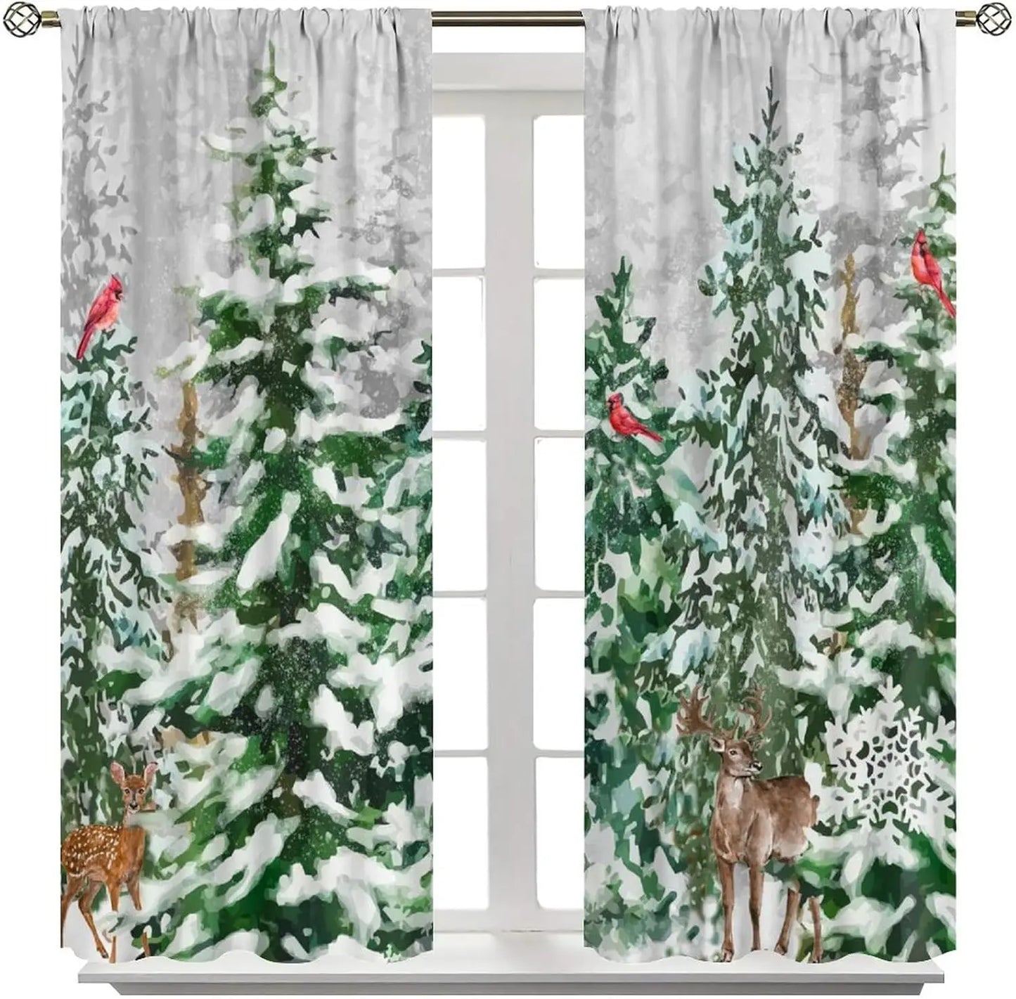 Rideaux Noël forêt enneigée cardinal cerf chalet