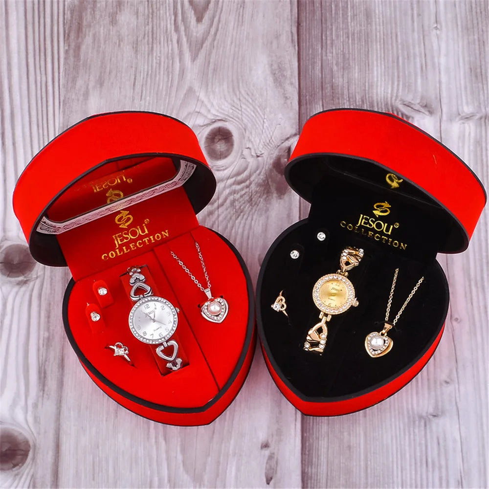 Bijoux femme coffret – Montre quartz + bracelet, collier, bague, boucles d’oreilles, or et argent