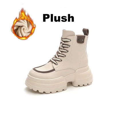 WOIZGIC bottines femmes en cuir véritable, style britannique à lacets, fourrure chaude automne/hiver, chaussures montantes confortables