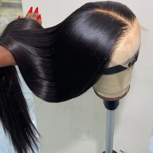 Perruque Lace Front synthétique lisse 13x4 noire, pré-épilée, baby hair, sans colle .