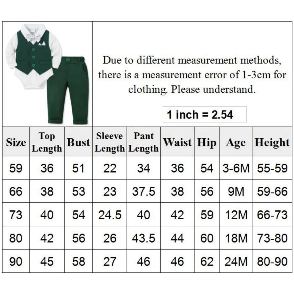 costume bébé garçon – Barboteuse, pantalon, gilet, manches longues, 3-24 mois